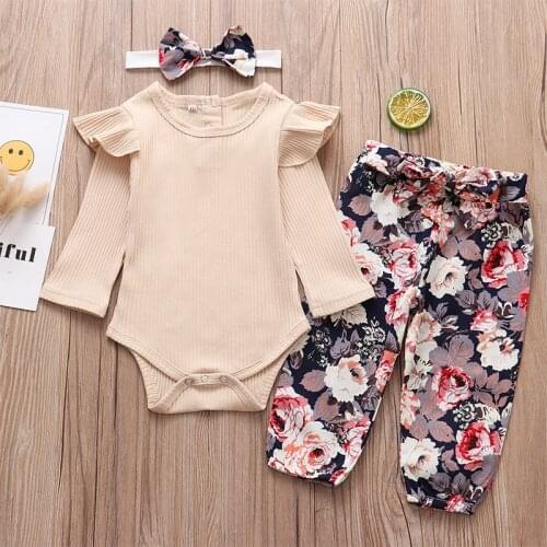 Fall Clothes Infant Newborn child Set Long Sleeve Romper Flowers Pants Headband Kids children Clothing Baby Girl Outfits Suit