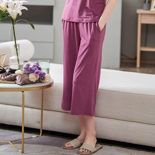 Soft Modal Sleep Bottom Female Calf-Length Pant Home Pajamas Solid Color Summer Pants Elastic Waist Plus Size Casual Sleepwear
