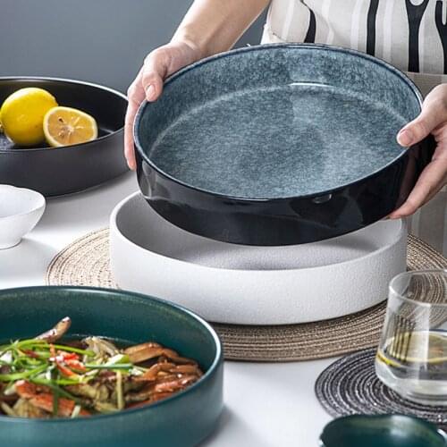 Simple Ceramic Western Food Fruit Salad Plate Japanese Household Round Large Dessert Soup Basin Kiln To Large Capacity Tableware