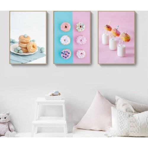 Pink Blue Blueberry Cream Donut Milk Wall Art Canvas Painting Delicious Dessert Home Decoration Pictures For Living Room