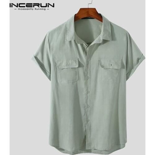 INCERUN Summer Men Shirt Harajuku Turn Down Collar Short Sleeve Casual Men Clothing 2021 Solid Color Pockets Streetwear Camisas