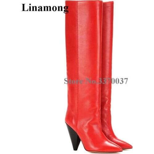 2019 New Fashion Women Pointed Toe Spike Heel Knee High Boots Red Black Leather Slip-on Long Strange Spike Heel Boots