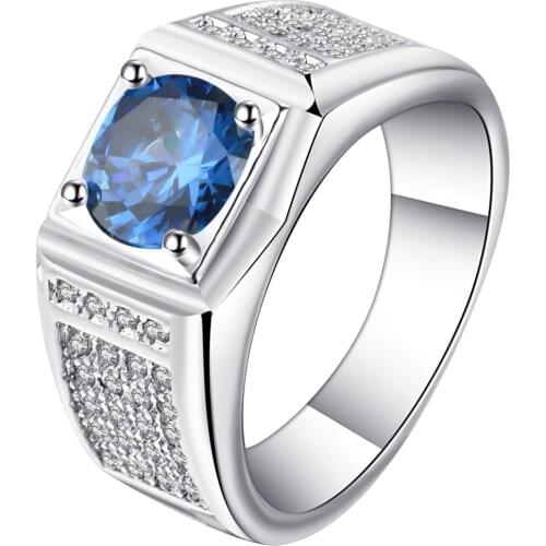 Seanlov Mens Silver Color Sqaure Blue Stone Sky Blue Zirconia Crystal Stone Ring Eternity Jewelry Drop Shipping Birthday Gift