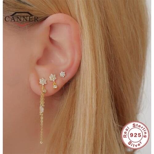 CANNER Real 925 Sterling Silver Light Luxury Rectangle Zircon Flower Nail Chain Stud Earrings For Women Piercing Earring Jewelry