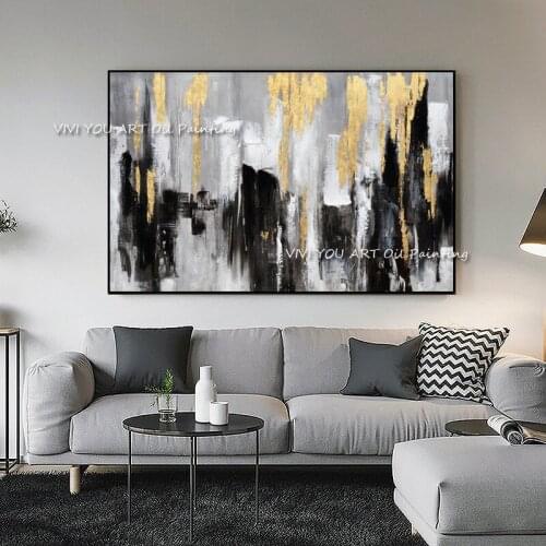 The Trend Simple Black Handmade Foil Gray Oil Paintings on Canvas Abstract Drawing Frameless Wall Picture for Living Room Decor