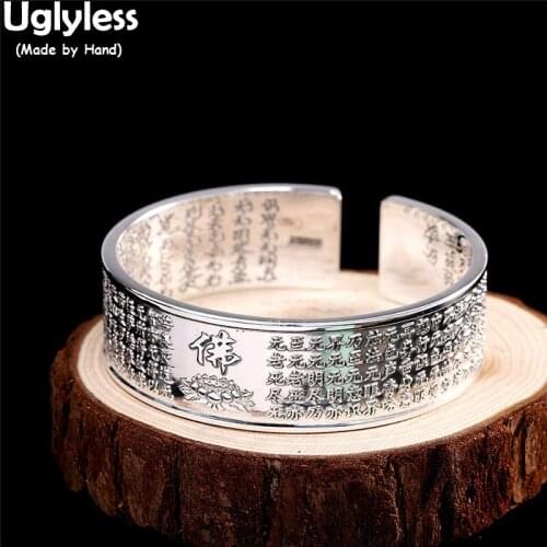 Uglyless Double-sided Engraved Heart Sutra Buddhism Jewelry for Women 18MM Real 999 Full Silver Wide Bangles Lotus Table Jewelry