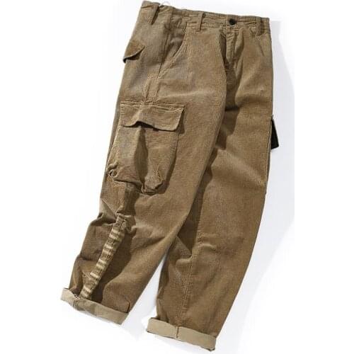 Corduroy Baggy Cargo Pants Overalls Mens Hip Hop Loose Straight Trousers multi-pocket Street Wide Feet Mens Men Male Bottoms