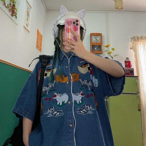 Japanese retro Street hip hop cartoon embroidery wash water loose denim shirt summer men and women