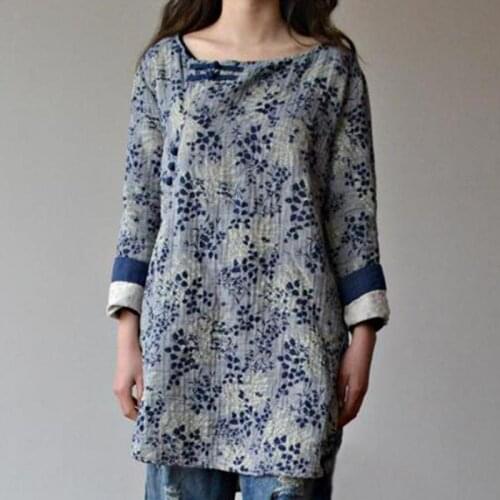 2020 Spring O-neck Long Sleeve Vintage National Style Blusas Cloth Oblique Button Cotton Linen Tops Plus Size Women Shirt