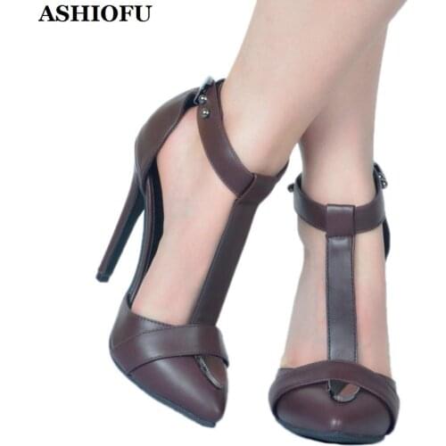 ASHIOFU Handmade Womens High Heel Pumps T-strap Party Prom Dress Shoes Stiletto Evening Club Fashion Court Pumps Shoes XD363