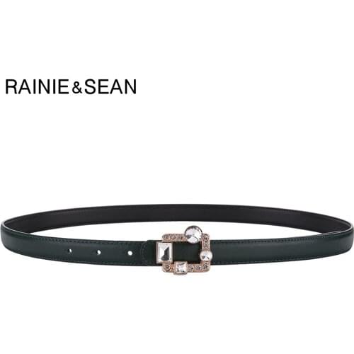 RAINIE SEAN Genuine Leather Women Belt First Layer Cowskin Ladies Waist Belt Rhinestone Pin Buckle Vintage Army Green Pants Belt