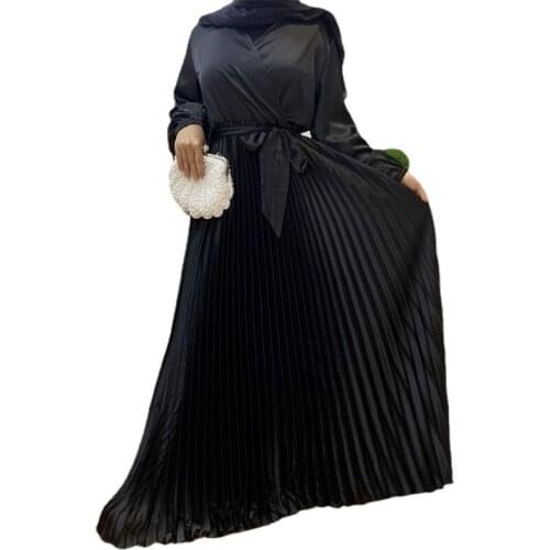 Eid Satin Hijab Dress Abaya for Women Fashion Surplice Neckline Long Sleeve Belt Pleated Dresses Muslim Islamic Dubai Turkey