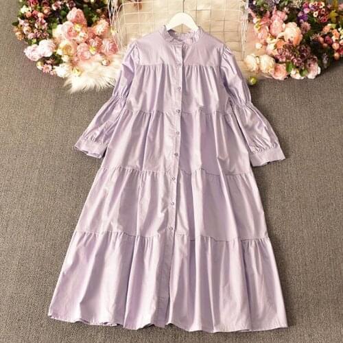 Spring Vintage Basic Women Dress 2021 Fashion Stand Collar Solid Color Single-breasted Long Dress Loose Long Sleeve Vestidos