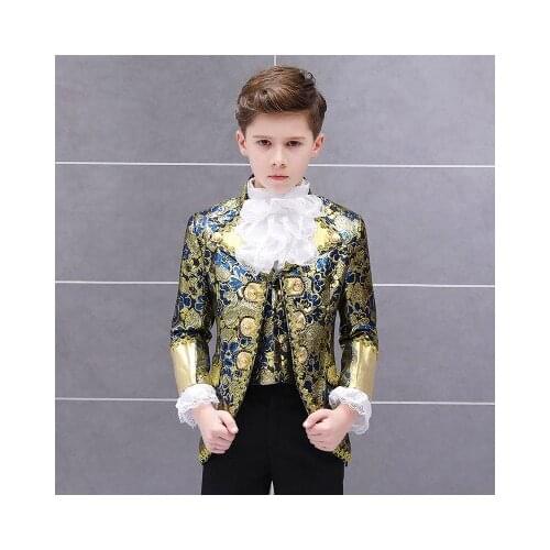 Gold Boys European Court Drama Costume Children Golden Stage Prince Charming Performance Suit Set Kids Blazer Vest Pants 3 Piece