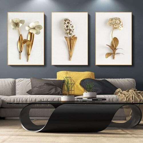 Gold Mural Art Plant Leaves and Flowers Canvas Painting Living Room Mural Nordic Decoration Picture Modern Decorative Painting