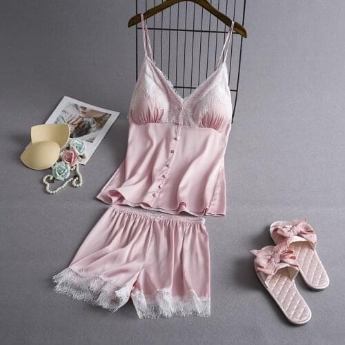 2020 Summer Sleepwear for Women Pajamas Set Sexy Satin Pyjama Femme Lace Pajamas With Chest Pads clothing suit