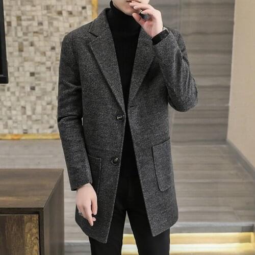 2021 Autumn Winter Mens Casual Business Trench Coat Long Slim Fit Wool & Blends Jackets Steetwear Lapel Overcoat Windbreaker