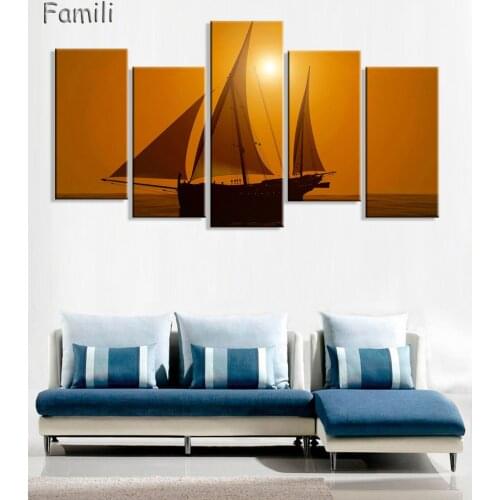 5Pieces Wall Art Painting Fantasy Ship Sail Boat In Lake Sunset Prints On Canvas Oil For Home Modern Decoration Print Painting