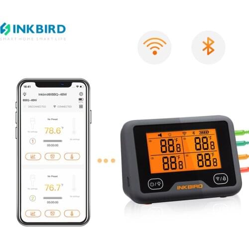 Inkbird Wi-Fi&Bluetooth Grill Thermometer IBBQ-4BW Rechargeable Wireless BBQ Thermometer with 4 Probes Timer Temp Alarm