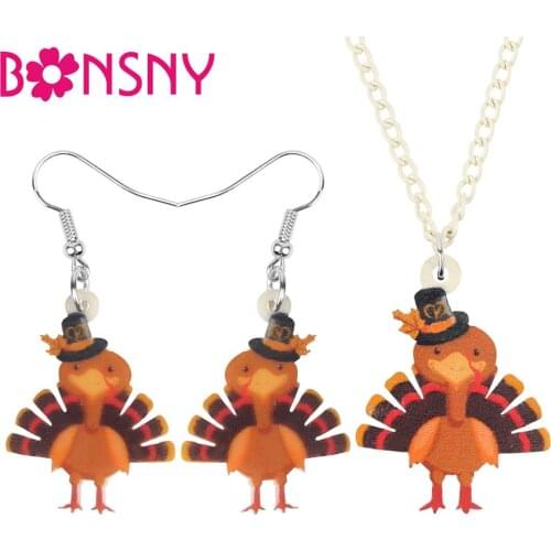 Bonsny Acrylic Thanksgiving Anime Hat Turkey Chicken Jewelry Set Necklace Earrings Festival Decorations For Women Girl Teen Gift
