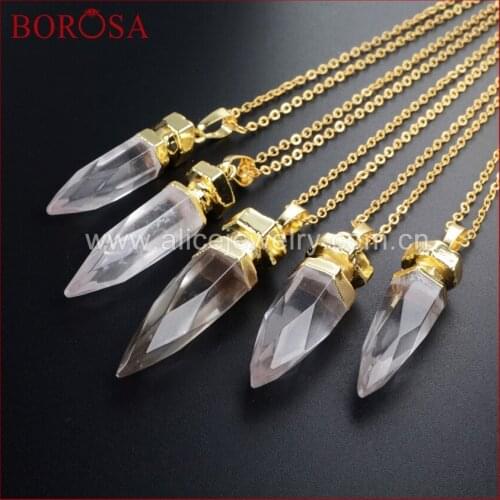 BOROSA Faceted Natural White Quartz Crystal Point Beads Gold Color Necklace Pendant Fashion Jewelry Beautiful Gifts WX015-N