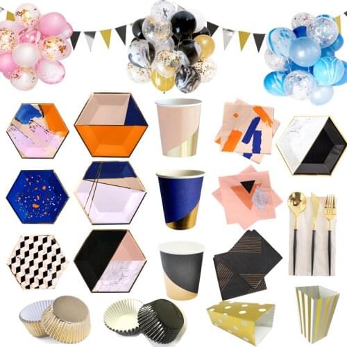 Bronzing Party Colorful Disposable Tableware Wedding Festival Carnival Baby Shower Birthday Paper Plates Cup Straw Decor Supplie