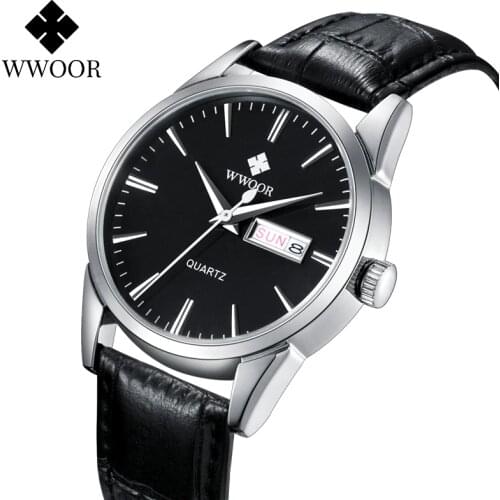 WWOOR Watches For Men 2020 Fashion Brand Luxury Black Leather Waterproof Watch Mens Classic Business Quartz Calendar Week Clock
