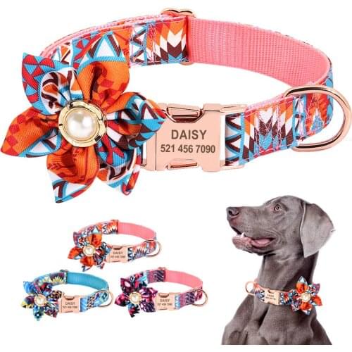 Floral Dog Collar Personalized Pet Collar Engraved ID Tag Nameplate Reflective for Small Medium Large Dogs Pitbull Pug Cats