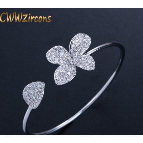 CWWZircons Designer Famous Brand Jewelry Flower and Leaf Silver Color Micro Pave Cubic Zirconia Adjustable Bangle Bracelet BG014