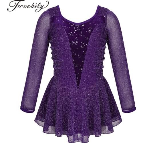 Kids Girls Shiny Long Sleeves Silver Glitters Velvet Splice Figure Ice Skating Roller Skating Ballet Gymnastics Leotard Dress