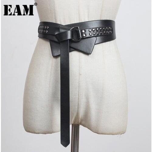 [EAM] Pu Leather Knotted Black Irregular Long Belt Personality Women New Fashion Tide All-match Spring Autumn 2021 1DD0479