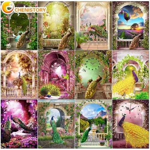 CHENISTORY Painting By Number Peacock Landscape Kit Diy Frame Modern Pictures By Number Drawing On Canvas HandPainted Decor Art