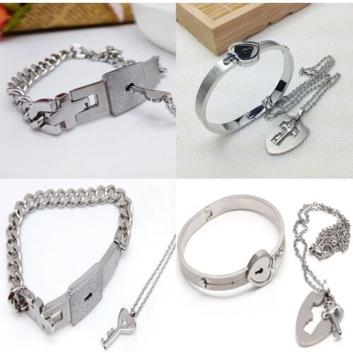 Lovers Titanium Steel Lock Bangle Bracelet Key Pendant Chain Necklace Love Sets For gift