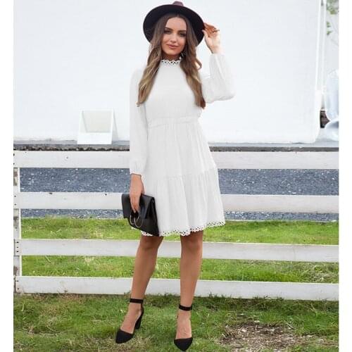 Short Dresses for Women Casual 2020 Autumn High Waist Lace Lantern White Dress Lady Fashion Long Sleeve Free Shipping Plus Size