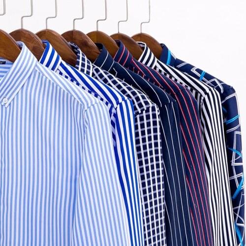 CARANFIER Mens Dress Lattice Shirt Male Spring Autumn Long Sleeve Solid Twill Formal Business Men Social Stripe Shirts
