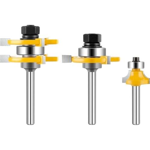 3Pcs Tongue and Groove Set 1/4 Inch Round Over Bits 3 Teeth Adjustable T Shape Raised Panel Cabinet Wood Milling Cutter