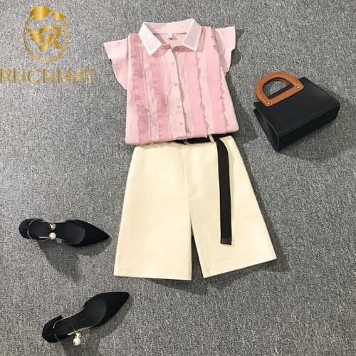 New Summer Sweet Flying Sleeve Sexy Suit 2021 Korea Female Chiffon Blouse Shirt Mini Bodycon Skorts Cute Two-Piece Skorts Sets
