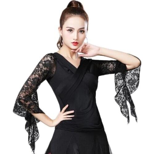 Summer New Women Waltz Ballroom Dance Tops Modern Standard Tango Latin Dancewear Party Performance Blouses Lace Bell Sleeve