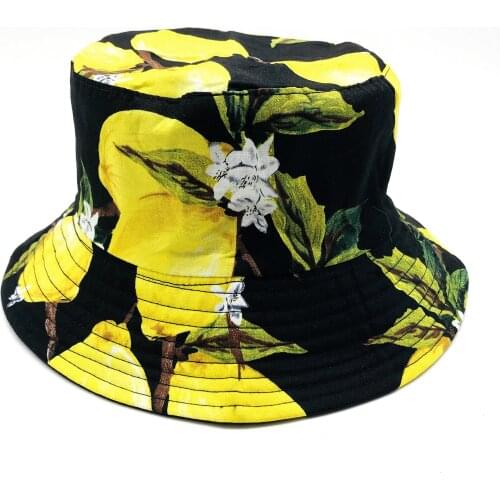 Women Cotton Printed Bucket Hat Lemon Floral Print Bucket Hat Fruit Print Fisherman Hat Summer Spring Sun Prevent Bucket Hat