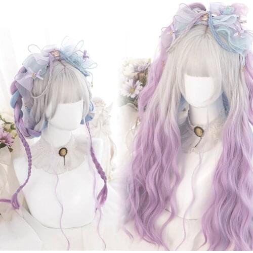 Allaosify Synthetic Long Lolita Wig with Bangs Gray Blue Purple Mixed Colors Cosplay Wave Wigs for Women