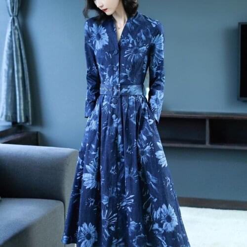 Women Long Sleeve Button Shirt Dress Floral Print Belt High Waist V-Neck Elegant Fashion Lady Party Midi Dresses Female Clothin