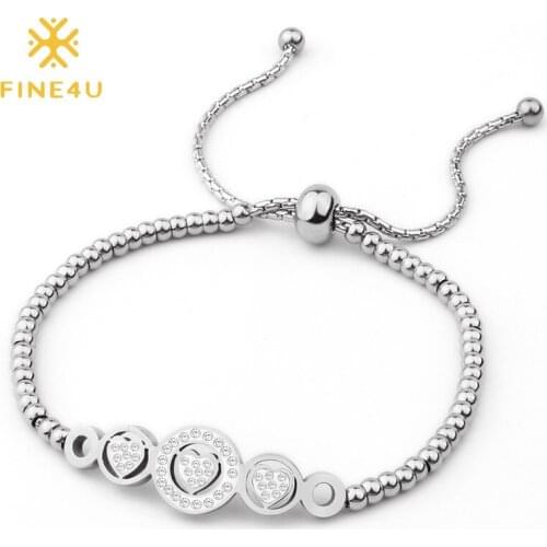 FINE4U B222 Adjustable Stainless Steel Beaded Bracelets For Men Women Love Heart Charms Bracelet with Crystals Dainty Jewelry