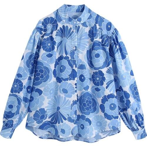 3084/181 European and American style blue flower-printed long-sleeved shirt for spring 2021