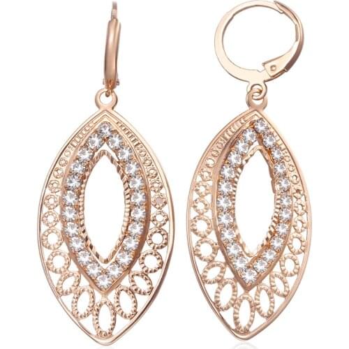 585 Rose Gold Filled Drop Earrings for Womens Dangle Hollow Leaf Shaped Earrings Paved CZ Gift Wedding Jewelry Gifts LGE196A