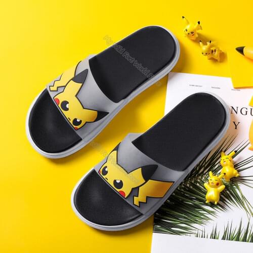 Pikachu Men Women Flat Slippers Pokemon Non-slip Flip Flops Bath Slippers Summer Cartoon Beach Sandals Home Shoes Female Gift