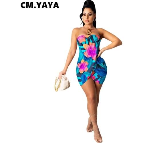 CM.YAYA Women Mini Dress Print Sleeveless Strapless Strechy Bodycon Dresses Sexy Night Club Party Vestidos Summer Outfits