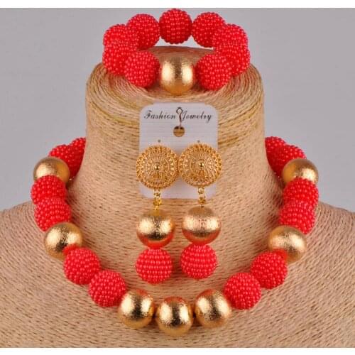 Majalia African Fashion Wedding Jewelry Nigeria Beaded Jewelry Set Red African Beads Jewelry Sets js-3