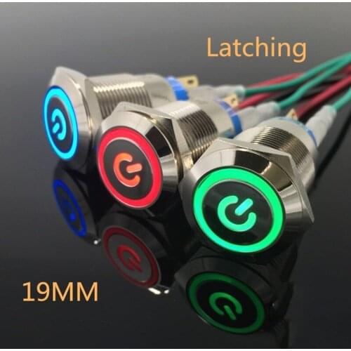 19mm Power Mark Press Metal Push Button Switch Waterproof Latching Self-lock Fixation LED Light Illumination 3V 5V 12V 24V 220V