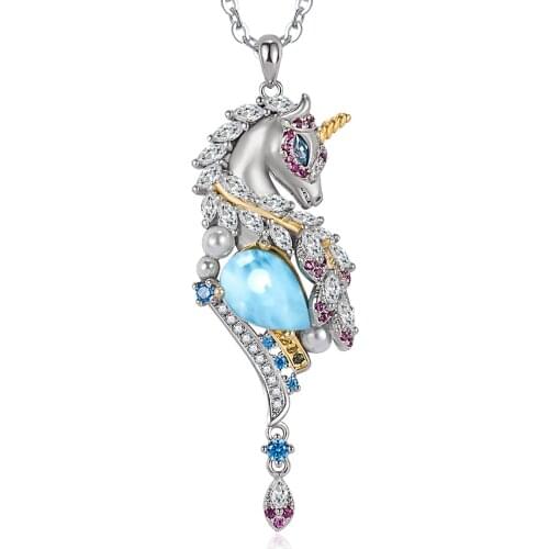 High Quallity 925 Sterling Silver Multicolor Rainbow Stones Natural Larimar Unicorn Drop Pendant Gift