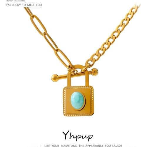 Yhpup New Stainless Steel Lock Pendan Necklace Statement Golden 18 K Metal stone Collar Necklace бежутерия женская колье Gift